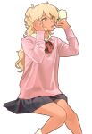  1girl black_skirt blonde_hair brown_eyes cardigan class_of_09 commentary english_commentary hair_bun hand_mirror highres holding holding_mirror jecka_(class_of_09) long_sleeves makeup miniskirt mirror neck_ribbon open_mouth pink_cardigan pleated_skirt red_ribbon ribbon simple_background skirt socks tan teeth walkingdownthestairs white_background white_socks 