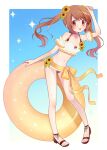  1girl :p bare_arms bare_legs bare_shoulders bikini bikini_ribbon blue_background border bow brooch brown_bow brown_hair brown_sandals commentary_request detached_sleeves fingernails flower flower_brooch frilled_bikini frilled_sleeves frills full_body gradient_background hair_between_eyes hair_flower hair_ornament hand_on_own_head happy high_heel_sandals high_heels highres holding holding_swim_ring innertube jewelry knees light_blush long_hair magia_record:_mahou_shoujo_madoka_magica_gaiden mahou_shoujo_madoka_magica mismatched_bikini moyataso navel official_alternate_costume orange_bikini orange_bow orange_eyes orange_ribbon outside_border ribbon sandals short_sleeves smile solo sparkle standing stomach sunflower swim_ring swimsuit tareme toes tongue tongue_out twintails waist_bow wavy_hair white_bikini white_border white_sleeves yellow_flower yui_tsuruno yui_tsuruno_(swimsuit_costume) 