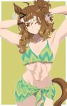  1girl absurdres ahoge animal_ears armpits arms_up bikini bikini_skirt border bracelet braid breasts brown_hair cleavage commentary cowboy_shot ear_ornament green_background green_bikini grin hair_between_eyes half_up_braid highres horse_ears horse_girl horse_tail jewelry jungle_pocket_(umamusume) kumabachi315 medium_breasts medium_hair multicolored_hair navel notched_ear one_eye_closed outside_border smile solo standing stomach streaked_hair swimsuit tail toned toned_female umamusume white_border white_hair yellow_eyes 