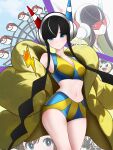  badge badge_(pokemon) black_hair blunt_bangs breasts catfoxart coat commentary_request crop_top electric_type_theme_(pokemon) elesa_(pokemon) emolga ferris_wheel flying_squirrel fur_coat fur_jacket headphones highres jacket korean_commentary low_neckline midriff navel official_alternate_costume pokemon pokemon_(creature) pokemon_black_2_and_white_2 rosa_(pokemon) short_hair_with_long_locks signature squirrel thighs yellow_coat zebstrika 