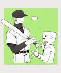  ... :| arm_up bald baseball_bat belt belt_buckle border buckle closed_mouth collared_shirt commentary_request cropped_legs cropped_torso elsen_(off) expressionless flying_sweatdrops green_background highres holding holding_baseball_bat layered_sleeves long_sleeves looking_at_another motion_lines necktie off_(game) open_mouth pants seikoo_caffeine shirt short_hair short_over_long_sleeves short_sleeves speech_bubble spoken_ellipsis the_batter_(off) turtleneck v-neck very_short_hair white_border 