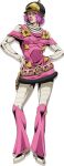  1girl anime_coloring araki_hirohiko_(style) belt black_hat bob_cut bodysuit breasts capelet clothing_cutout contrapposto cream_starter_(stand) dress flower_ornament full_body gold_belt gold_flower grey_bodysuit hands_on_own_hips hat highres holster hot_pants_(sbr) jojo_no_kimyou_na_bouken key_visual leaf_ornament leg_warmers looking_at_viewer makeup official_art official_style pink_capelet pink_dress pink_eyes pink_hair pink_leg_warmers pink_lips promotional_art shoes short_hair shoulder_cutout small_breasts solo stand_(jojo) standing steel_ball_run striped_bodysuit transparent_background tsumagari_daisuke white_shoes 