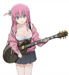  1girl absurdres bangs black_skirt blue_eyes bocchi_the_rock! breasts cleavage cowboy_shot crop_top gotou_hitori guitar highres holding holding_instrument instrument jacket large_breasts long_hair long_sleeves off_shoulder one_side_up open_clothes open_jacket open_mouth pink_hair pink_jacket pleated_skirt raised_eyebrows sadamatsu_ryuuichi shirt simple_background skirt solo tank_top tearing_up tears turn_pale wavy_mouth white_background white_shirt 