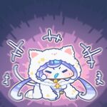  +++ 1girl :3 all_fours animal_costume aurora_(trickcal) blue_tongue blush_stickers cat_costume chibi chibi_only closed_eyes colored_tongue commentary_request fang full_body hood hood_up korean_commentary long_hair long_sleeves monyami open_mouth purple_background purple_hair solo trickcal twintails v-shaped_eyebrows 