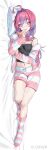  1girl ahoge bed_sheet black_camisole blue_eyes breasts camisole cleavage colored_inner_hair commentary_request copyright_notice crop_top dakimakura_(medium) fluffy_clothes full_body fur-trimmed_jacket fur_trim gradient_hair hair_intakes head_on_pillow heart heart-shaped_pupils highres hololive hololive_dev_is jacket kikirara_vivi long_hair looking_at_viewer lying medium_breasts midriff multicolored_hair multicolored_jacket navel no_shoes nonco off_shoulder official_art on_side pillow pink_hair pink_jacket pink_shorts pink_socks pointy_ears purple_hair short_shorts shorts simple_background socks solo strap_slip striped_clothes striped_jacket symbol-shaped_pupils two-tone_hair two-tone_jacket two-tone_shorts two-tone_socks very_long_hair virtual_youtuber white_background white_jacket white_shorts white_socks 