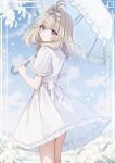  1girl antenna_hair back_bow bow closed_mouth commentary dress falling_petals from_behind grey_hair hair_intakes hairband highres holding holding_umbrella light_blush looking_at_viewer looking_back medium_hair meitantei_precure! mocchiri290 moria_luluka outdoors petals precure sidelocks smile solo umbrella white_dress white_hairband white_umbrella 
