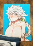  1girl blue_background braid breasts cleavage commentary_request grey_hair highres kantai_collection large_breasts long_hair nude open_mouth orange_eyes photo_(medium) sadakuma shikishi simple_background solo traditional_media unryuu_(kancolle) very_long_hair 