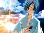  1boy 2000s_(style) black_hair blood blood_on_chest blood_on_clothes blood_on_hand blue_sky cloud cloudy_sky collared_shirt constricted_pupils game_asset hair_between_eyes injury kagome_(traumatize) looking_down non-web_source official_art orange_sky parted_lips self-datamine shirt short_sleeves sky spoilers subarashiki_hibi variant_set visual_novel_cg white_shirt yuuki_tomosane 