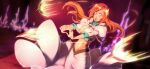  1girl baigon_(bleach) bleach bleach:_brave_souls bleach:_sennen_kessen-hen breasts brown_eyes center_opening cleavage commentary derivative_work dress dynamic_pose english_commentary floating_clothes glowing hair_ornament highres hinagiku_(bleach) ice inoue_orihime juliet_sleeves large_breasts lily_(bleach) long_hair long_sleeves navel official_style open_mouth orange_hair parted_bangs puffy_sleeves scene_reference shun_shun_rikka solo triangle_hands tspace32 