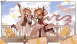  2girls airtair angelina_(arknights) angelina_the_mellow_wish_(arknights) animal_ear_fluff animal_ears arknights arm_up black_boots black_collar black_gloves black_hairband black_shirt black_shoes black_shorts black_socks black_thighhighs boots border box breasts brown_hair cardboard_box chinese_commentary closed_eyes cloud collar commentary_request day detached_sleeves dress dual_persona facing_viewer fox_ears fox_girl full_body gloves hair_between_eyes hairband hand_up highres holding_hands infection_monitor_(arknights) jacket long_hair long_sleeves multiple_girls notice_lines open_clothes open_jacket open_mouth outdoors outstretched_arm pleated_dress railing red_hairband shirt shoes shorts sky smile socks standing standing_on_one_leg thighhighs twintails very_long_hair waving white_border white_dress white_jacket 