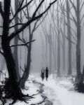  2girls bare_tree black_coat black_hair blonde_hair coat commentary forest full_body long_hair multiple_girls nature opera865no original outdoors scenery snow tree walking winter 