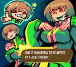  1girl absurdres artist_name breasts brown_hair catcoocie colored_tongue commentary english_commentary english_text green_jacket green_tongue grin highres jacket large_breasts looking_at_viewer middle_finger multiple_views open_mouth persona persona_4 persona_4_revival satonaka_chie shadow_chie sharp_teeth short_hair smile solo teeth tongue tongue_out yellow_eyes 