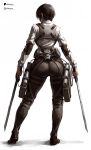  1girl absurdres ai-generated artist_name ass ass_focus back black_hair boots dewspiree dual_wielding from_behind highres holding holding_sword holding_weapon huge_ass mikasa_ackerman paradis_military_uniform shingeki_no_kyojin shirt short_hair smile solo solo_focus sword thigh_strap three-dimensional_maneuver_gear weapon white_shirt wide_hips 