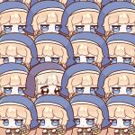  2girls :3 absurdres axe black_eyes blonde_hair blue_eyes chibi chibi_only closed_mouth commentary_request highres holding holding_axe jitome korean_commentary long_hair looking_at_viewer multiple_girls ner_(trickcal) nun nun_headdress odd_one_out pogpagwaeng speaki_(trickcal) trickcal 