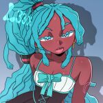  1girl alternate_hairstyle alternate_skin_color aqua_eyes aqua_hair aqua_ribbon bare_shoulders dark-skinned_female dark_skin darkened_skin dress earrings freeform_miku hatsune_miku high_ponytail highres jewelry l33oh long_hair looking_at_viewer off-shoulder_dress off_shoulder ponytail ribbon solo upper_body very_long_hair vocaloid 