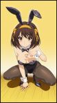  1girl animal_ears bare_shoulders black_border black_bow black_bowtie black_hair black_leotard black_shoes border bow bowtie breasts brown_eyes cleavage closed_mouth collarbone detached_collar english_commentary fake_animal_ears full_body gradient_background grey_pantyhose hair_ribbon high_heels highleg highleg_leotard highres leotard looking_at_viewer medium_breasts medium_hair official_alternate_costume orange_ribbon pantyhose playboy_bunny rabbit_ears ribbon shoes solo squatting suzumiya_haruhi suzumiya_haruhi_no_yuuutsu thighs traditional_bowtie v white_wrist_cuffs wooden_floor wrist_cuffs x_him_x yellow_background 