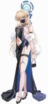  1girl absurdres alternate_costume bag black_dress black_mask blonde_hair blue_archive blue_eyes blue_halo blue_streaks breasts clothing_cutout commentary dress earrings evening_gown full_body halo high_heels highres holding holding_bag jewelry long_hair looking_at_viewer mask mouth_mask multicolored_hair navel sikimosh simple_background sleeveless small_breasts solo standing stomach_cutout streaked_hair thigh_strap toki_(blue_archive) two-sided_dress two-sided_fabric white_background 
