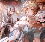  3girls absurdres arlecchino_(genshin_impact) bare_shoulders batory_ken black_eyes black_hair black_hands black_scarf black_streaks blonde_hair blue_trim blush breasts clothes_hanger coat colored_extremities commentary_request crystal_hair_ornament detached_sleeves dress fatui_coat feather_hair_ornament feathers flower fur-trimmed_coat fur_trim genshin_impact gloves grey_coat hair_between_eyes hair_flower hair_ornament halo highres long_hair lumine_(genshin_impact) mechanical_halo multicolored_flower multicolored_hair multiple_girls open_mouth paimon_(genshin_impact) partially_fingerless_gloves red_pupils romper scarf short_hair_with_long_locks sidelocks smile streaked_hair symbol-shaped_pupils two-tone_hair white_coat white_dress white_flower white_hair white_romper x-shaped_pupils yellow_eyes 