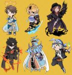  6+boys ardyn_izunia armor ball bartz_klauser black_cape black_coat black_hair black_hat black_pants black_shorts blitzball blonde_hair blue_armor blue_cape blue_eyes boots brown_hair cape chibi chibi_only clive_rosfield closed_mouth coat commentary_request crossed_arms exdeath final_fantasy final_fantasy_v final_fantasy_vi final_fantasy_x final_fantasy_xv final_fantasy_xvi fire full_body garbage_paper grey_hair hat headscarf helmet highres holding holding_ball holding_sword holding_weapon hood hood_down jacket korean_commentary locke_cole magicite multiple_boys open_clothes open_jacket open_mouth pants serious short_hair shorts smile star_(symbol) sword tidus water weapon white_cape yellow_background 