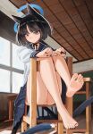  1girl absurdres animal_ear_fluff animal_ears bar_censor barefoot black_hair black_nails black_ribbon blue_archive blue_halo blue_sailor_collar blue_serafuku blue_skirt cat_ears censored chair classroom commentary grey_eyes halo highres indoors kikyou_(blue_archive) knees_up neck_ribbon no_panties on_chair presenting_own_foot pussy pyruvate ribbon sailor_collar school_uniform serafuku shirt short_hair sitting skirt solo upskirt white_shirt 