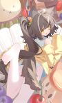  1girl :d absurdres ahoge animal_ears bare_shoulders brown_hair cherry chinese_commentary commentary_request dog_ears dog_girl dog_tail double-parted_bangs feet food foot_out_of_frame fruit hair_intakes highres leg_up long_hair long_sleeves lying multicolored_hair ningmeng_jing_jing_jing_jing no_pants off_shoulder on_stomach open_mouth original panties panties_under_pantyhose pantyhose sleeves_past_wrists smile soles solo strawberry streaked_hair sweater swept_bangs tail the_pose thighband_pantyhose underwear very_long_hair white_panties white_pantyhose white_streaks yellow_eyes yellow_sweater 