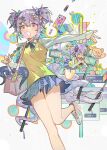  >_< 1girl absurdres arknights badge bag bag_charm blowing_bubble_gum blue_ribbon blue_skirt bow button_badge cellphone charm_(object) chewing_gum chinese_commentary collared_shirt commentary_request decora emoticon eyeball foot_out_of_frame green_bow hair_bow hair_ornament hairclip hand_up highres kanshio kaomoji kirara_(a_leisurely_snapshot)_(arknights) kirara_(arknights) looking_at_viewer miniskirt neck_ribbon official_alternate_costume open_mouth ornate_phone_case outstretched_arm phone pink_bag pink_bow pink_hair pleated_skirt pointy_ears purple_eyes purple_hair ribbon school_bag school_uniform selfie_stick shirt shoes short_hair short_twintails sign skirt smartphone speech_bubble standing standing_on_one_leg stuffed_animal stuffed_toy sweater_vest teddy_bear tentacles twintails white_shirt white_shoes yellow_bow yellow_sweater_vest 