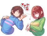  1boy 1girl black_undershirt blue_sweater blush breasts brown_hair chara_(undertale) closed_eyes closed_mouth commentary_request embarrassed frisk_(undertale) fully_genderswapped_group genderswap genderswap_(otf) genderswap_(otm) green_sweater hand_on_own_chest heart heart_locket jewelry locket long_sleeves nnnutreu04 open_mouth pendant red_eyes shirt short_hair simple_background smile speech_bubble steepled_fingers striped_clothes striped_sweater sweatdrop sweater turtleneck turtleneck_sweater undershirt undertale utdr_(toby_fox) white_background 