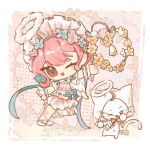 1girl ahoge angel angel_wings animal arrow_(projectile) bell black_hairband blue_flower blush_stickers bolu_agnes bonnet border bow bow_(weapon) bowtie brown_eyes cat chibi chinese_commentary choker cloak clothed_animal commentary_request detached_sleeves drawing_bow ear_covers eyelashes fake_halo floral_background flower flower_hairband frilled_headwear frilled_shirt_collar frilled_sleeves frills fur_halo gilded_dreamsong_(infinity_nikki) hair_between_eyes hair_bow hair_flower hair_ornament hairband halftone halftone_background halo heart heart_choker highres holding holding_arrow holding_bow_(weapon) holding_weapon hood hood_up hooded_cloak infinity_nikki leg_ribbon leg_up looking_at_viewer miniskirt momo_(heart_arrow)_(infinity_nikki) momo_(nikki) nikki_(nikki) nikki_(series) official_alternate_color official_alternate_costume one_eye_closed open_mouth outstretched_arms pink_background pink_flower pleated_skirt red_bow red_bowtie ribbon ribbon-trimmed_shirt ribbon_trim shirt shoes short_sleeves skirt sleeve_bow smile strapless strapless_shirt tsurime waist_bow weapon whiskers white_bonnet white_border white_cat white_cloak white_halo white_ribbon white_shirt white_shoes white_skirt white_sleeves white_wings winged_shoes wings x_navel yellow_flower 