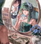  1boy 1girl applying_makeup aqua_bow artist_name asymmetrical_sidelocks bare_shoulders bead_necklace beads black_corset black_hair black_headband blue_bow blue_flower blue_rose blunt_bangs blunt_ends bow bowtie braid braided_base breasts brooch bun_with_braided_base buttons character_request closed_mouth collar corset cosmetics curled_fingers detached_collar double-breasted dress dress_shirt empty_eyes flower flower_ornament formal_clothes gem genshin_impact green_dress green_hair grey_eyes hair_bun hair_intakes hand_on_own_chin headband highres holding holding_lipstick_tube indoors jewelry lic_617 lipstick lipstick_tube long_sleeves looking_at_reflection makeup makeup_palette necklace oc_x_canon official_alternate_costume original pants purple_eyes purple_gem reflection rose scaramouche_(genshin_impact) shirt short_hair short_hair_with_long_locks sidelocks single_hair_bun small_breasts smile strapless strapless_dress suit_pants suspender_corset suspenders swept_bangs tsurime vase wanderer_(genshin_impact) wanderer_(resplendent_feast)_(genshin_impact) white_bow white_bowtie white_collar white_flower white_pants white_rose white_shirt white_sleeves wispy_bangs 