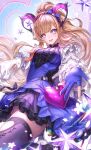  1girl absurdres arknights arknights:_endfield black_thighhighs blue_bow blue_dress blue_gloves bow box_(hotpppink) breasts brown_hair commentary dress earrings gloves hair_bow highres horns jewelry liino_(arknights) long_hair long_sleeves medium_breasts offering_hand open_mouth partially_fingerless_gloves pointy_ears ponytail purple_eyes shrug_(clothing) solo sparkle thighhighs white_shrug 