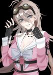  1girl antenna_hair barbed_wire belt black_background black_choker blonde_hair bow bowtie breasts choker cleavage commentary_request danganronpa_(series) danganronpa_v3:_killing_harmony gloves goggles goggles_on_head grey_eyes hair_between_eyes hands_up highres iruma_miu kaijin_utsutsu large_breasts long_hair long_sleeves o-ring o-ring_belt sailor_collar shirt simple_background solo white_sailor_collar 