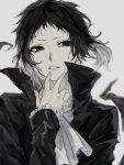  1boy akutagawa_ryuunosuke_(bungou_stray_dogs) ascot black_coat black_eyes black_hair bungou_stray_dogs coat gradient_hair grey_hair hiba_riko highres long_sleeves looking_away male_focus multicolored_hair parted_lips simple_background solo white_background 