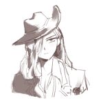  1girl breasts cleavage coat commentary_request expressionless greyscale hair_over_one_eye hat highres korean_text limbus_company limbusabc medium_breasts monochrome project_moon simple_background sketch translation_request upper_body valencina_(project_moon) white_background 