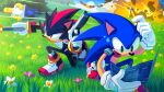  3boys absurdres blueprint_(object) clenched_teeth commentary dual_wielding english_commentary explosion family_guy_death_pose_(meme) fang firing flower fortnite furry furry_male gloves grass green_eyes gun handgun hedgehog_boy highres holding holding_blueprints holding_gun holding_pencil holding_weapon homer_simpson male_focus meme multiple_boys muzzle_flash on_one_knee outdoors pencil pocho22059768 red_eyes red_shoes rocket shadow_the_hedgehog shoes sonic_(series) sonic_the_hedgehog sweat teeth the_simpsons weapon white_gloves 