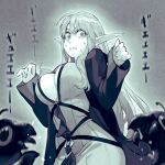  1girl ahoge antelise_antik breasts cleavage clenched_teeth commentary_request cowboy_shot cropped dress eyelashes full_cleavage grey_background greyscale hands_up highres isekai_mokushiroku_mynoghra jun_(navigavi) large_breasts long_hair long_pointy_ears long_sleeves looking_down monochrome monster motion_lines nose novel_illustration official_art open_clothes open_robe pointy_ears robe scared sidelocks solo sweat teeth translation_request 
