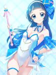  1girl absurdres aokaze_nana bare_shoulders blue_hair blue_theme blush breasts cane clear_glass_(mildmild1311) cleavage closed_mouth collarbone commentary_request cure_wink dress headphones highres holding holding_cane idol idol_clothes idol_heart_brooch_(precure) idol_heart_incom kimi_to_idol_precure long_hair looking_at_viewer low_neckline medium_breasts multicolored_hair plaid_clothes plaid_ribbon plaid_sleeves precure purple_eyes purple_hair ribbon short_sleeves smile solo strapless strapless_dress upper_body very_long_hair 