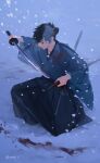  1boy bilibili_logo black_hair black_skirt blood blood_on_clothes blood_on_face blood_on_snow blue_kimono chinese_commentary closed_eyes commentary diffraction_spikes fate/samurai_remnant fate_(series) folded_ponytail from_side full_body hakama hakama_skirt highres holding holding_sheath holding_sword holding_weapon japanese_clothes katana kimono male_focus miyamoto_iori_(fate) on_one_knee outdoors parted_lips rhg samurai sheath sheathing signature skirt snow snowing solo sword updo weapon 