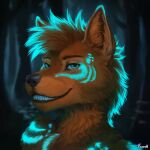  1:1 2021 anthro artist_name bioluminescence black_nose blue_eyes blue_markings canid canine detailed detailed_fur digital_media_(artwork) digital_painting_(artwork) foxovh glowing glowing_markings hair headshot_portrait hi_res icon looking_at_viewer male mammal markings portrait shaded smile solo teeth 