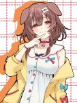  1girl :3 animal_collar animal_ears arm_at_side blush bone_hair_ornament braid breasts brown_eyes brown_hair buttons chachanponpon closed_mouth collar colored_shadow commentary_request dog_ears double-parted_bangs dress drop_shadow empire_waist finger_to_own_chin grid_background hair_between_eyes hair_ornament hairclip head_tilt highres hololive inugami_korone inugami_korone_(1st_costume) jacket large_breasts long_hair looking_at_viewer low_twin_braids nail_polish open_clothes open_jacket parallel_hairclips raised_eyebrows red_collar shadow short_eyebrows single_bare_shoulder single_off_shoulder sleeve_bow sleeveless sleeveless_dress smile solo twin_braids upper_body virtual_youtuber white_dress yellow_jacket yellow_nails 
