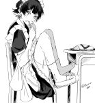  1boy apron bachira_meguru blue_lock chair crossdressing crossdressing_(mtf) desk dress eating food frilled_apron frills from_side highres looking_at_viewer looking_to_the_side maid maid_apron maid_headdress male_focus male_maid omelet omurice school_chair school_desk short_hair simple_background sitting socks solo toneon00 white_background 