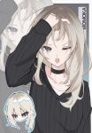  1girl :o black_choker black_sweater border character_name choker collarbone commentary_request girls_band_cry gradient_background grey_background grey_eyes hand_in_own_hair highres kawaragi_momoka looking_at_viewer multiple_views one_eye_closed open_mouth outside_border shirt shiyue9524 sweater v-neck white_border white_hair white_shirt zoom_layer 