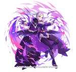  1girl aura belt black_boots black_cape black_corset black_gloves black_pantyhose black_wings blush boots breasts cape cleavage commentary_request corset dark_aura dark_persona dress female_robin_(fire_emblem) female_robin_(grima)_(fire_emblem) female_robin_(grima)_(resplendent)_(fire_emblem) fire_emblem fire_emblem_awakening fire_emblem_heroes gloves kyusoukyu long_hair long_sleeves medium_breasts official_alternate_costume official_art pantyhose parted_lips possessed purple_dress red_belt red_eyes simple_background smile solo twintails white_hair wings 