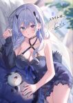  1girl bare_shoulders black_choker blue_cardigan blue_dress blue_eyes blue_hair blue_nails blurry blurry_background blush braid breasts cardigan cardigan_partially_removed choker cleavage commentary commission criss-cross_halter cross-shaped_pupils dress ear_piercing halterneck heterochromia highres indoors lace-trimmed_dress lace_trim large_breasts long_hair looking_at_viewer lying nail_polish neo-porte on_bed on_side parted_lips piercing purple_eyes second-party_source signature skeb_commission sleeveless sleeveless_dress solo sora01o symbol-shaped_pupils tentei_forte tentei_forte_(3rd_costume) virtual_youtuber 