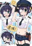  !? 1girl @_@ ahoge alternate_costume aqua_eyes arms_up bandaged_wrist bandages black_gloves black_hair black_necktie black_thighhighs blue_background blue_shorts blush bound bound_wrists chibi chibi_inset chuunibyou_demo_koi_ga_shitai! closed_mouth collared_shirt commentary_request cowboy_shot cropped_shirt cuffs dated eyepatch fingerless_gloves garter_straps gloves hair_ribbon handcuffs hat holster kfkim2980 looking_at_viewer medical_eyepatch multiple_views navel necktie one_side_up open_mouth outline police police_hat police_uniform policewoman ribbon shirt short_hair short_shorts short_sleeves shorts shoulder_holster speech_bubble takanashi_rikka thighhighs translation_request two-tone_background white_background white_outline white_shirt yellow_ribbon 