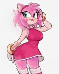  1girl absurdres achtzenn amy_rose animal_ears animal_nose arm_up artist_name bare_shoulders boots bracelet breasts commentary cowboy_shot dress fangs fangs_out furry furry_female gloves green_eyes grey_background hairband hedgehog highres jewelry large_breasts looking_to_the_side medium_breasts pink_dress pink_fur pink_hair pink_hairband pink_thighhighs red_dress red_hairband short_dress short_hair simple_background sleeveless sleeveless_dress smile solo sonic_(series) standing thighhighs thighs tongue tongue_out white_background white_gloves wide_hips 
