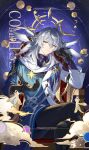  1boy absurdres artist_name black_gloves black_pants blue_pupils chair chinese_commentary closed_mouth cloud coat commentary_request commission crescent crossed_legs earrings elbow_rest feathered_wings floating floating_object gloves gold_earrings grey_hair halo halo_behind_head head_wings highres honkai:_star_rail honkai_(series) jewelry lapel_pin lapels long_sleeves male_focus manbu72747 medium_hair multicolored_coat multiple_rings multiple_wings on_chair pants purple_shirt ring shirt sitting smile solo star_(symbol) sunday_(honkai:_star_rail) thigh_strap thorns white_wings wings yellow_eyes 