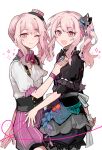  2others :3 :d ;3 above-cleavage_cutout absurdres akiyama_mizuki arm_behind_back black_corset black_ribbon black_shirt black_shorts blouse bracelet brooch center_frills clone clothing_cutout collared_shirt commentary_request corset cowboy_shot dual_persona frilled_sleeves frills from_side gem hair_ornament hair_ribbon hand_on_another's_chest hand_on_another's_waist hand_up hat heart heart_of_string highres jewelry leaf_hair_ornament long_sidelocks looking_at_viewer maigo_no_te_wo_hiku_sono_saki_wa_(project_sekai) mini_hat multiple_others official_alternate_costume one_eye_closed parted_bangs pink_eyes pink_hair pink_shorts project_sekai puffy_shorts red_gem ribbon ribbon-trimmed_sleeves ribbon_trim serien shirt shorts side_ponytail sidelocks simple_background smile star_(symbol) string suspenders swept_bangs white_background white_shirt 