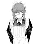  1girl absurdres apron arms_behind_back closed_mouth collared_dress commentary_request dress expressionless freckles glasses greyscale half-closed_eyes hat highres juliet_sleeves ksk_nel long_sleeves looking_at_viewer maid mob_cap monochrome original puffy_sleeves round_eyewear sidelocks simple_background solo upper_body victorian_maid white_background 