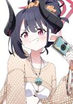  1girl absurdres bikini black_hair blue_archive camera chiaki_(blue_archive) chiaki_(swimsuit)_(blue_archive) commentary curved_horns demon_horns fishnet_shrug hair_bun hair_ornament hair_scrunchie halo highres holding holding_camera horns jewelry kayoko0914 necklace o-ring o-ring_bikini pointy_ears red_eyes red_halo scrunchie see-through_clothes see-through_shrug shrug_(clothing) swimsuit upper_body white_bikini yellow_scrunchie 