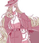  1boy 1girl aged_down blonde_hair breasts child cleavage coat collared_shirt commentary cowboy_shot dirty dirty_face english_commentary expressionless green_eyes hat highres large_breasts limbus_company long_hair lucio_(project_moon) mother_and_child mother_and_son oversized_clothes oversized_shirt parent_and_child project_moon rianyuuame shirt simple_background valencina_(project_moon) very_long_hair white_background 